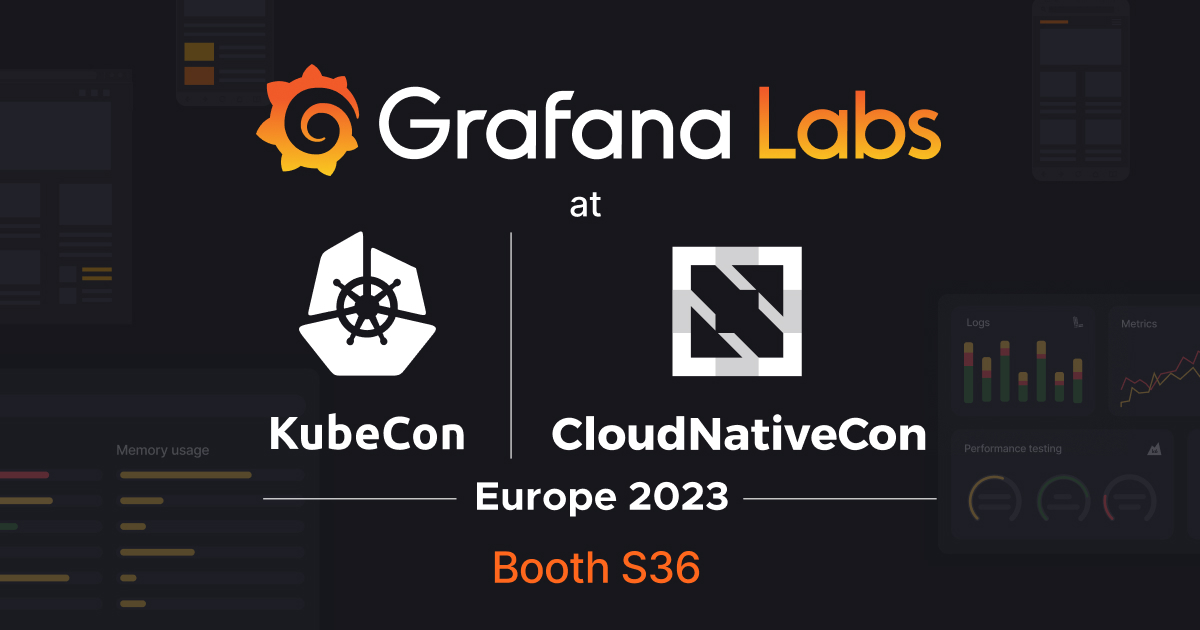 Graphic showcasing Grafana Labs, KubeCon, CNCF logos and booth info.