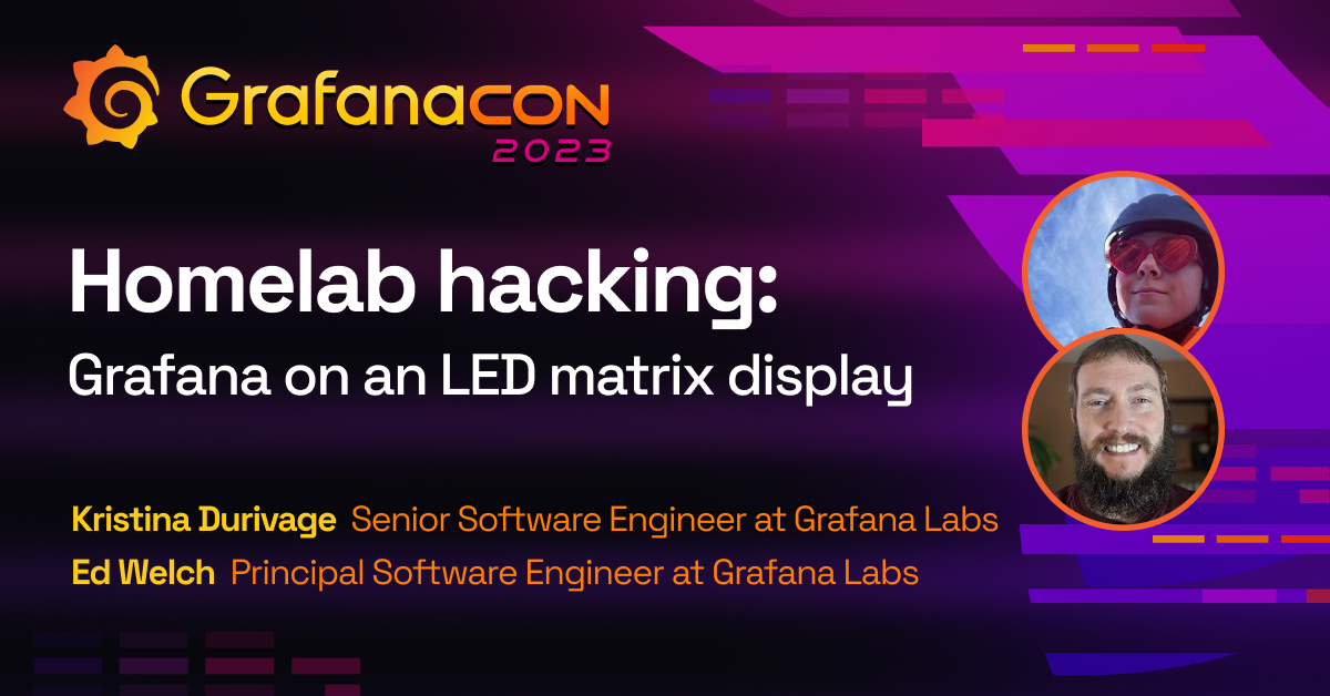 The title card for the GrafanaCON 2023 Homelab Hacking session, including the title of the session, the date and time, and the GrafanaCON 2023 logo.